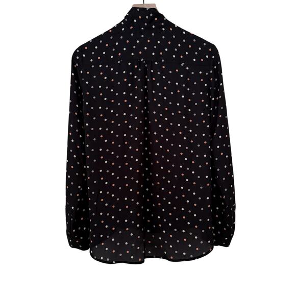 PLEIONE Navy Blue Polka Dot Deep V Neck Open Ruched Long Sleeve Sheer Blouse - Picture 2 of 7